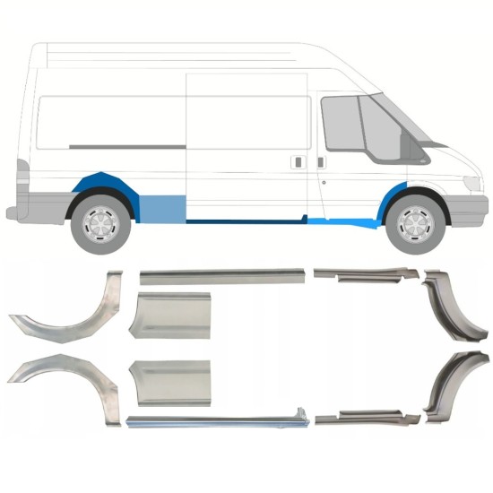 Opravný plech prahu + zadného blatníka pre Ford Transit 2000-2013 / LWB / Ľavá+Pravá / Sada 10630