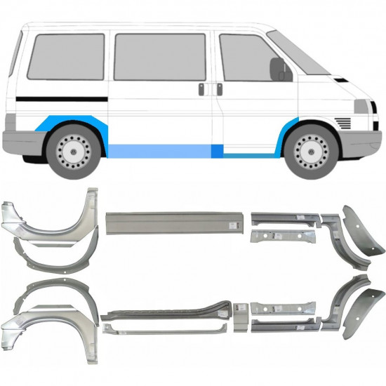 Opravný plech prahu + predného blatníka + zadného blatníka pre VW Transporter T4 1990-  / SWB / MWB / Sada 7147